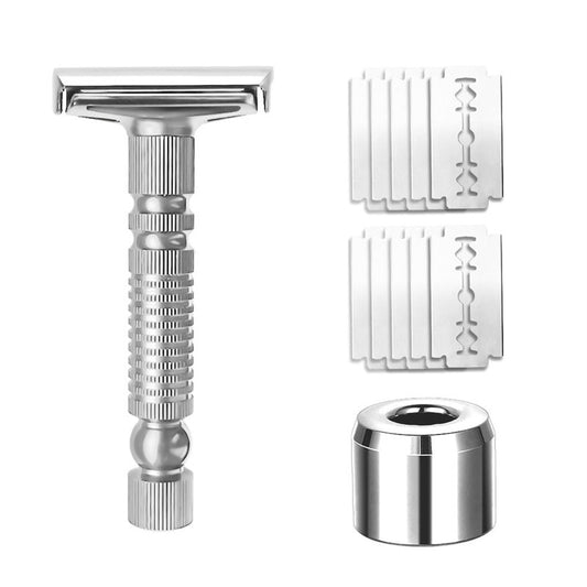 Chrome double edge safety razor shown with ten spare blades and a polished chrome stand