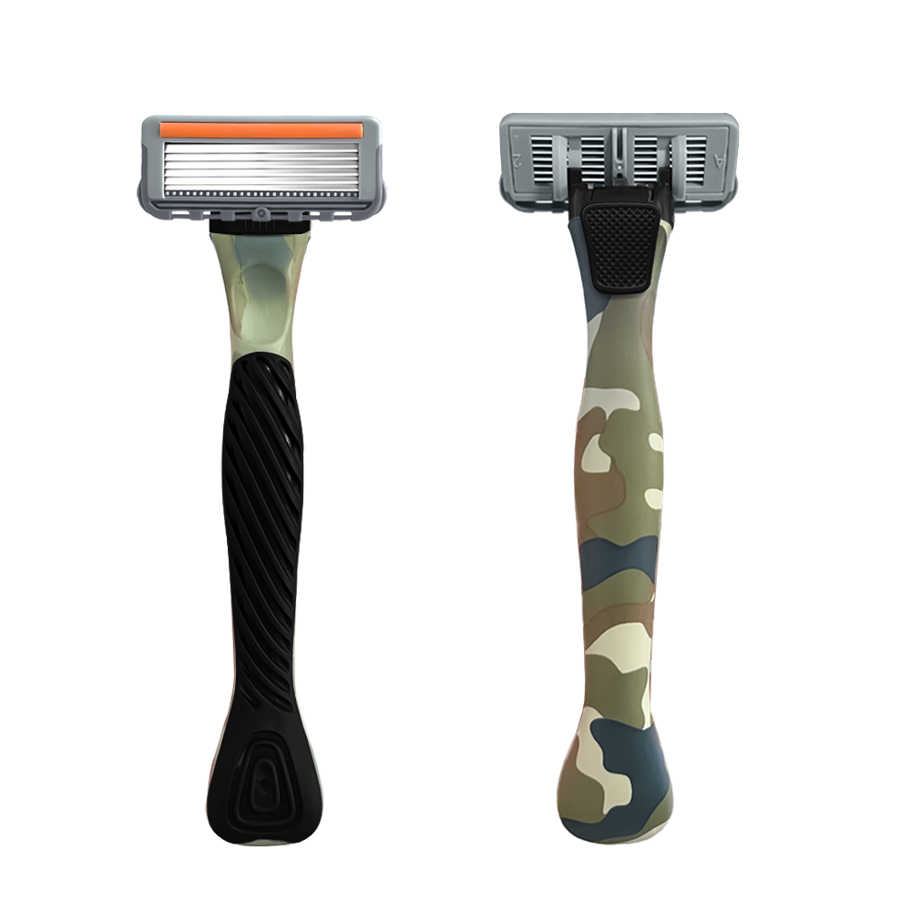 Men's Six-Blade Curved Razor with Non-Slip Zinc Alloy Rubber Handle and Stainless Steel Blade