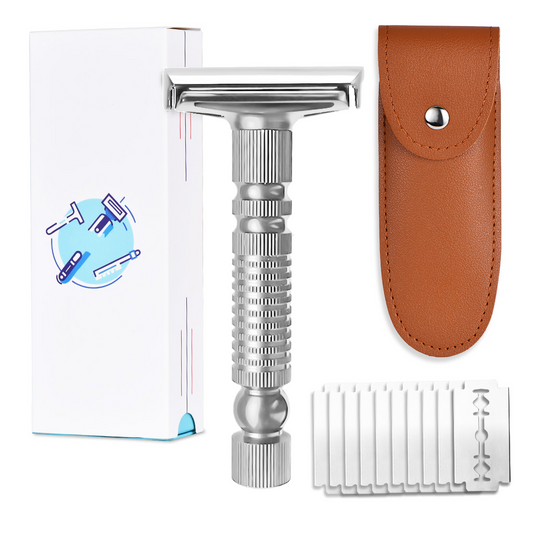 Silver double edge safety razor shown with a brown leather case, a white gift box and ten blades