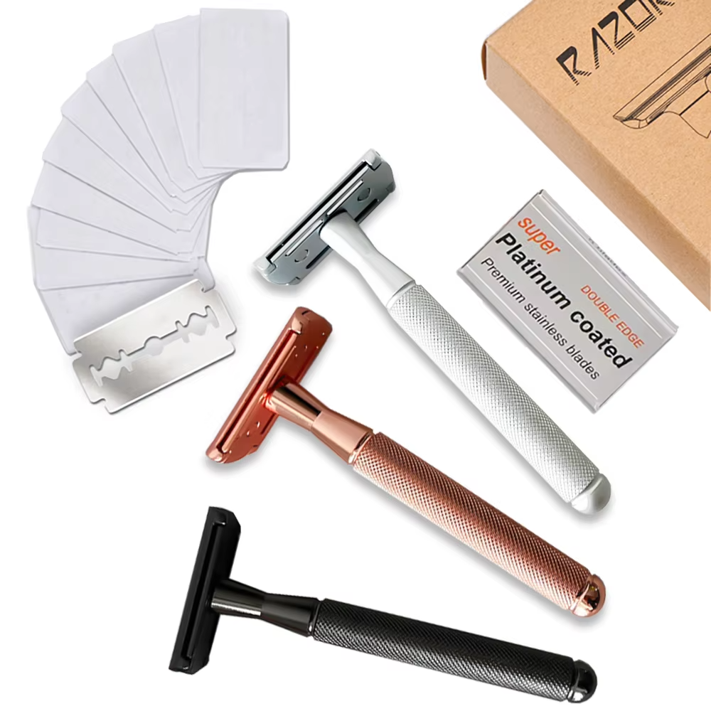 Men's Double-Sided Blade Adjustable Speed Anti-slip Knurled Zinc Alloy Stainless Steel Razor Shaver
