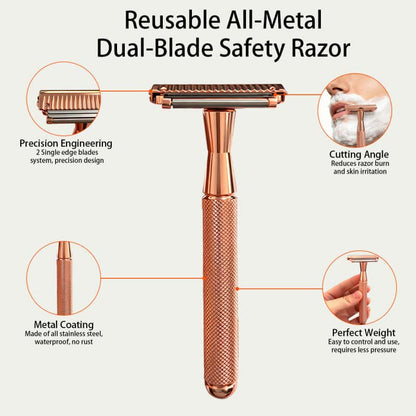 Premium Double-Layer Half-Blade Safety Razor – Solid Zinc Alloy Head & Handle, Includes 10 Replacement Blades + Travel Storage Box