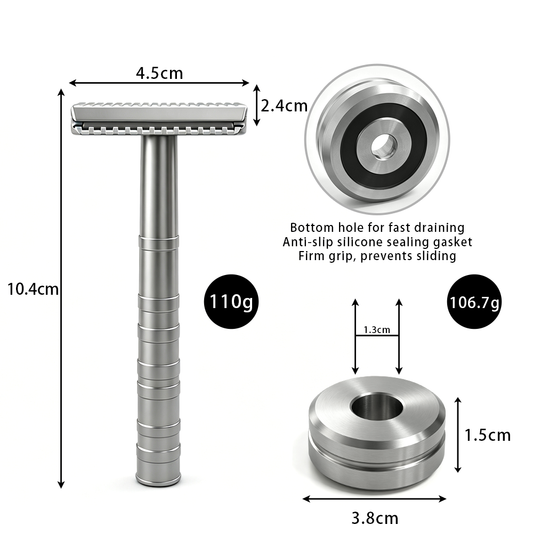 Stainless steel safety razor shown with its measured dimensions and a round metal stand