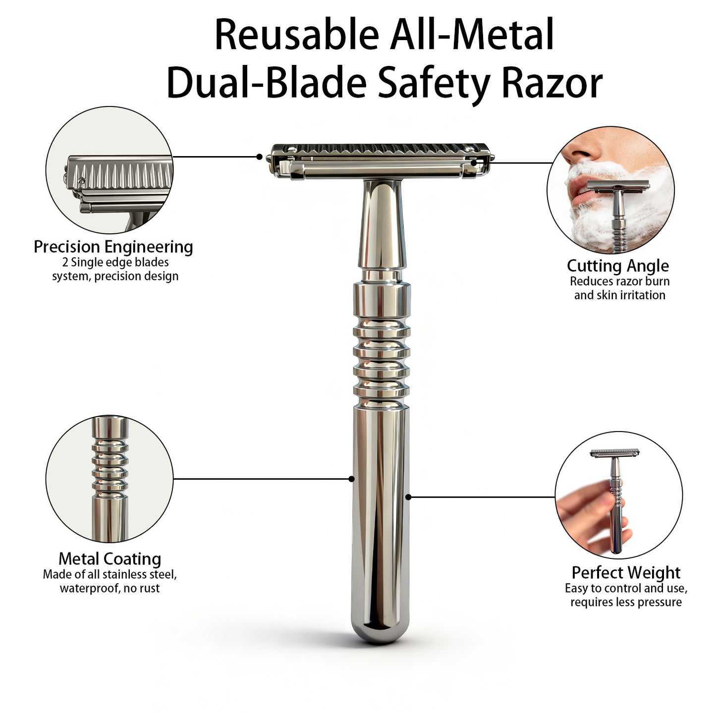 Premium Double-Layer Half-Blade Safety Razor – Solid Zinc Alloy Head & Handle, Includes 10 Replacement Blades + Travel Storage Box