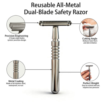 Premium Double-Layer Half-Blade Safety Razor – Solid Zinc Alloy Head & Handle, Includes 10 Replacement Blades + Travel Storage Box