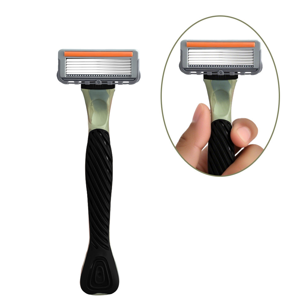 Men's Six-Blade Curved Razor with Non-Slip Zinc Alloy Rubber Handle and Stainless Steel Blade