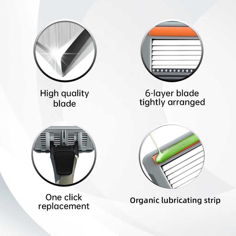 Men's Six-Blade Curved Razor with Non-Slip Zinc Alloy Rubber Handle and Stainless Steel Blade