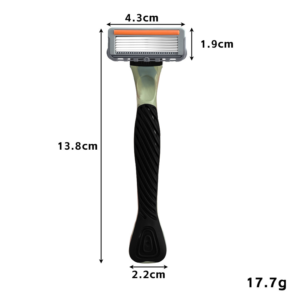 Men's Six-Blade Curved Razor with Non-Slip Zinc Alloy Rubber Handle and Stainless Steel Blade