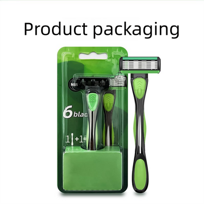 Men's Six-Blade Curved Razor with Non-Slip Zinc Alloy Rubber Handle and Stainless Steel Blade