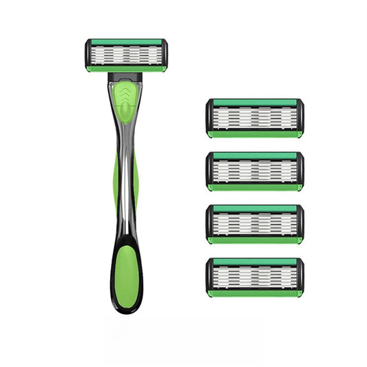 Men's Six-Blade Curved Razor with Non-Slip Zinc Alloy Rubber Handle and Stainless Steel Blade