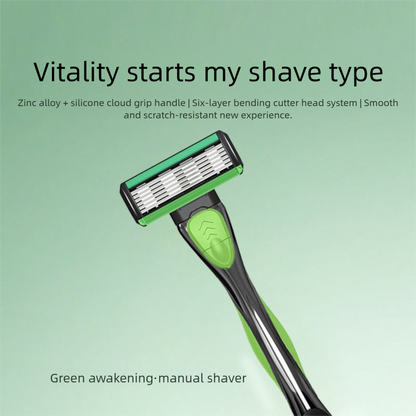 Men's Six-Blade Curved Razor with Non-Slip Zinc Alloy Rubber Handle and Stainless Steel Blade