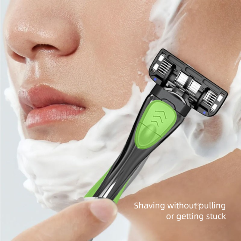 Men's Six-Blade Curved Razor with Non-Slip Zinc Alloy Rubber Handle and Stainless Steel Blade
