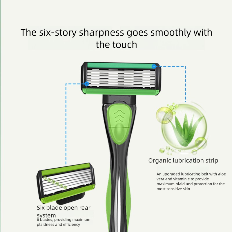 Men's Six-Blade Curved Razor with Non-Slip Zinc Alloy Rubber Handle and Stainless Steel Blade