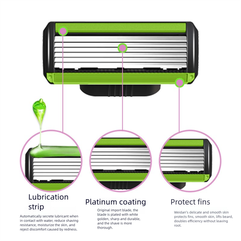 Men's Six-Blade Curved Razor with Non-Slip Zinc Alloy Rubber Handle and Stainless Steel Blade