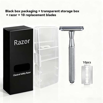 Premium Double-Layer Half-Blade Safety Razor – Solid Zinc Alloy Head & Handle, Includes 10 Replacement Blades + Travel Storage Box