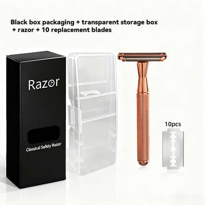Premium Double-Layer Half-Blade Safety Razor – Solid Zinc Alloy Head & Handle, Includes 10 Replacement Blades + Travel Storage Box