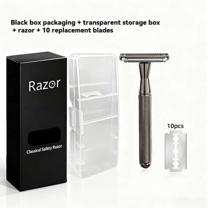 Premium Double-Layer Half-Blade Safety Razor – Solid Zinc Alloy Head & Handle, Includes 10 Replacement Blades + Travel Storage Box